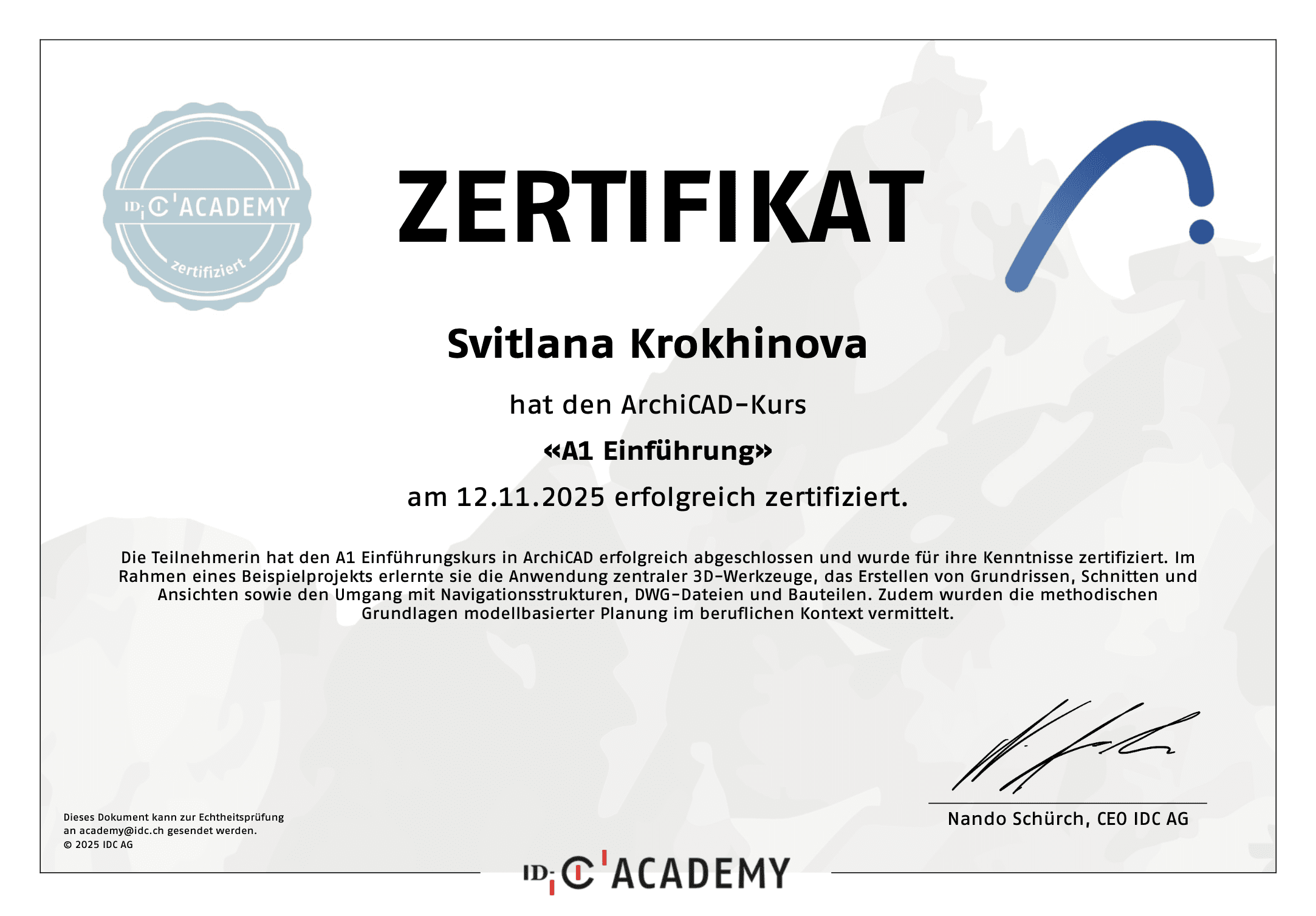 Zertifikat ArchiCAD Einführung