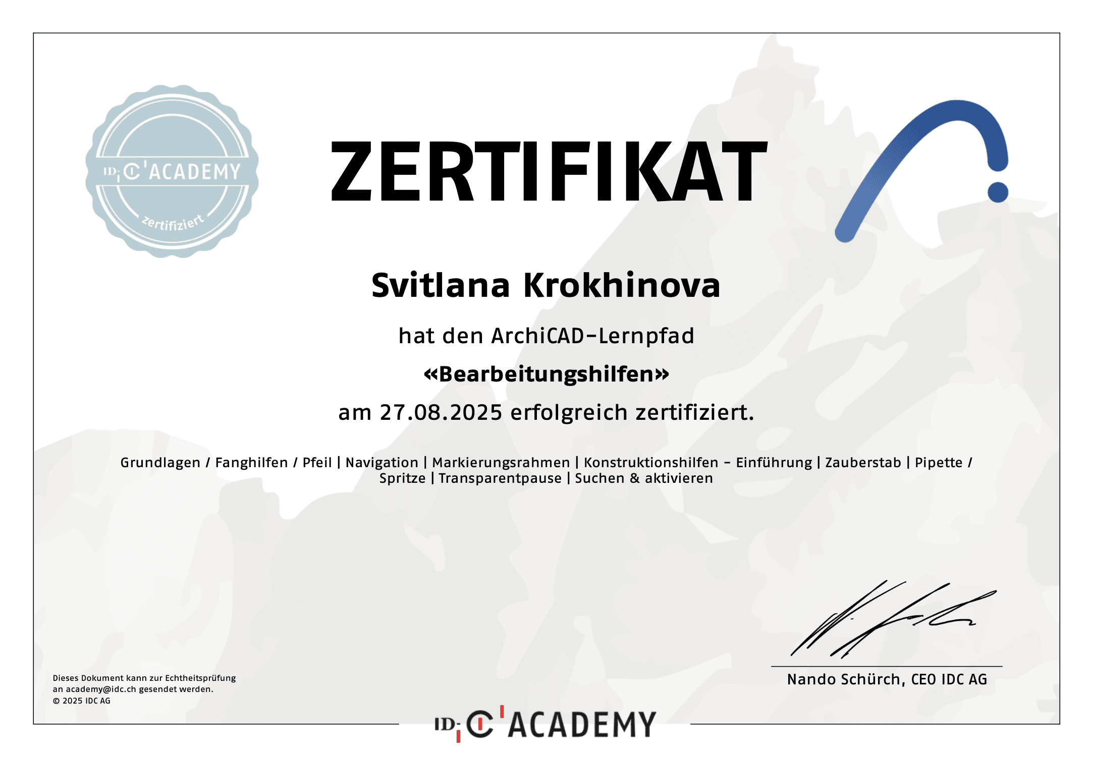 Zertifikat ArchiCAD Bearbeitungshilfen